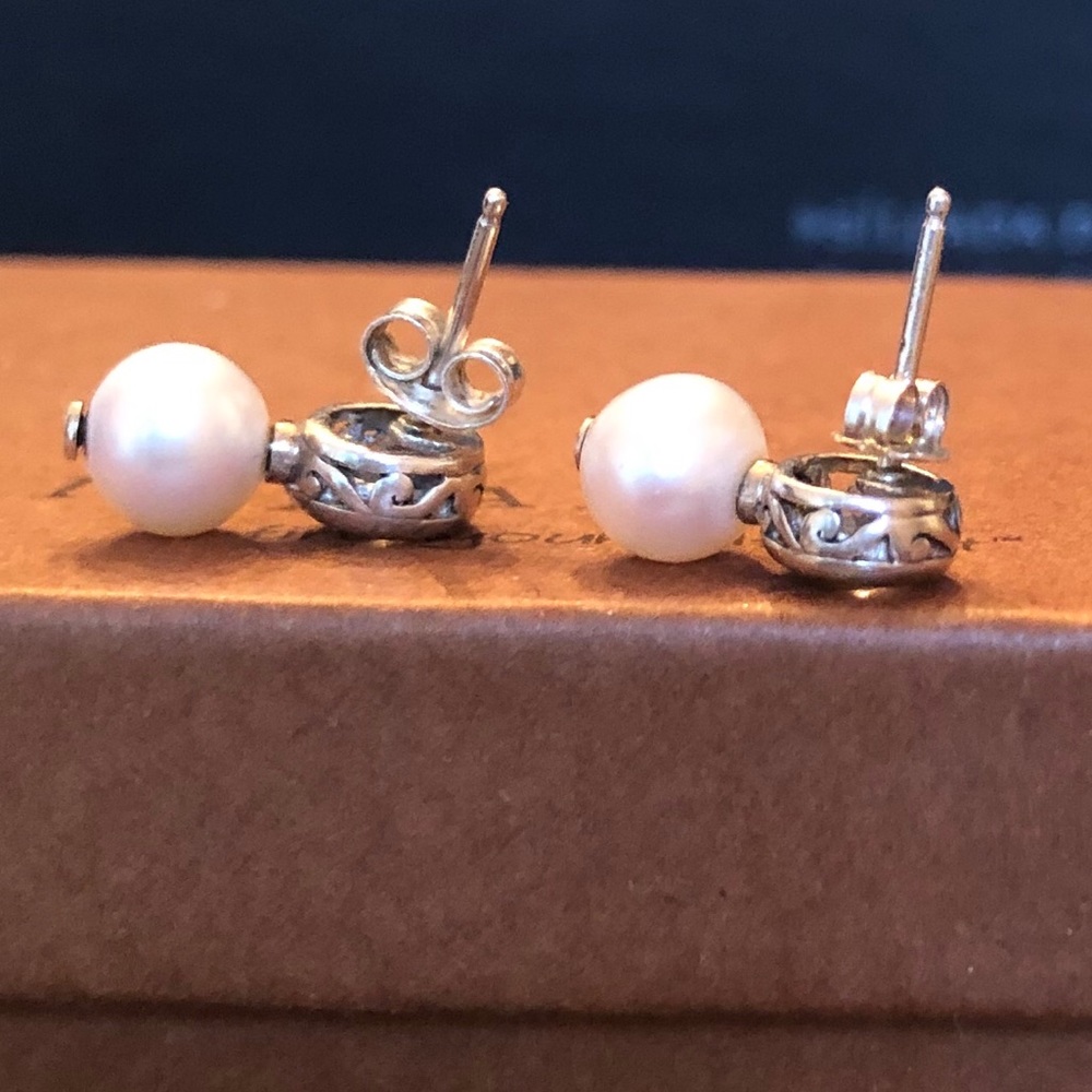 Rare Silpada Filigree Sterling Silver Pearl Cubic Zirconia Post Earrings P2118 - Picture 3 of 16